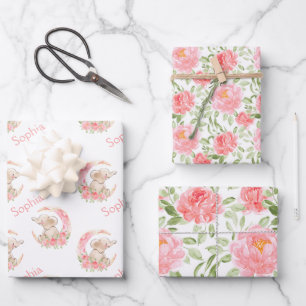 Watercolor Peony Floral Pattern Name  Wrapping Paper Sheet