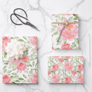 Watercolor Peony Floral Pattern Wrapping Paper Sheet
