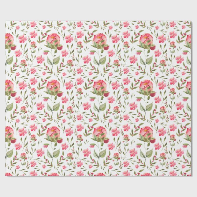 Watercolor Peony Floral  – Pink & Green  Wrapping Paper (Flat)