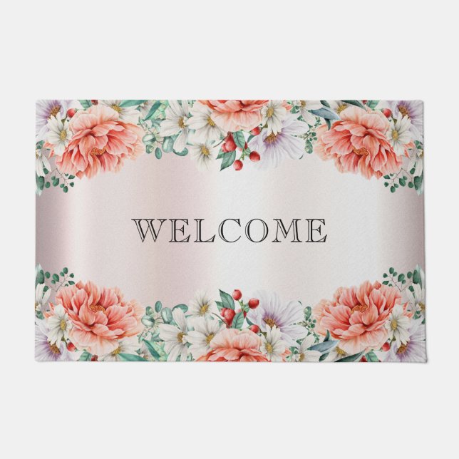 Watercolor Peony Flower Doormat (Front)