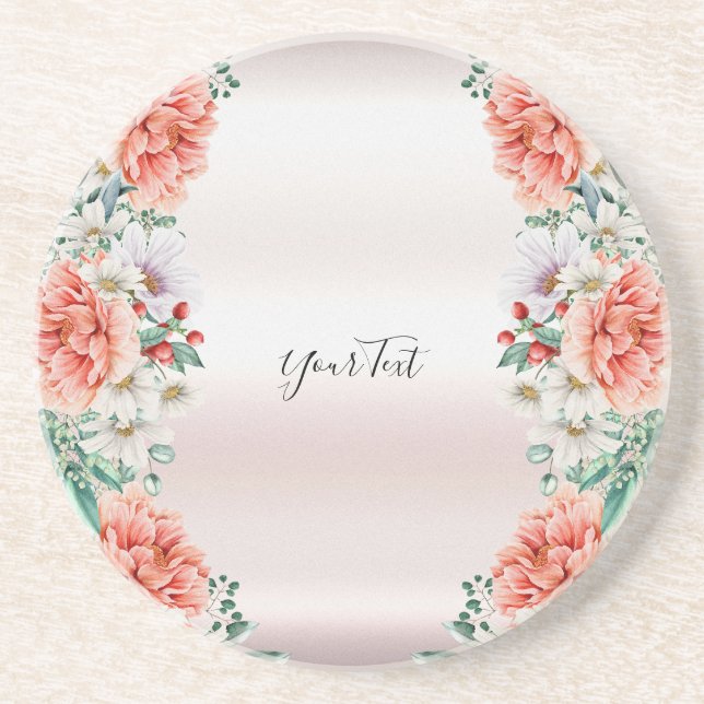 Watercolor Peony Flower Sandstone Coaster (Front)