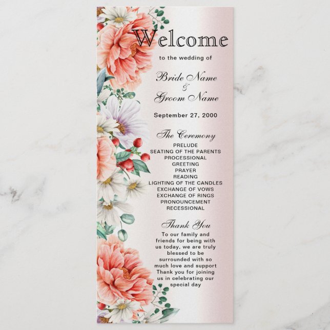 Watercolor Peony Flower Wedding Program (Front)