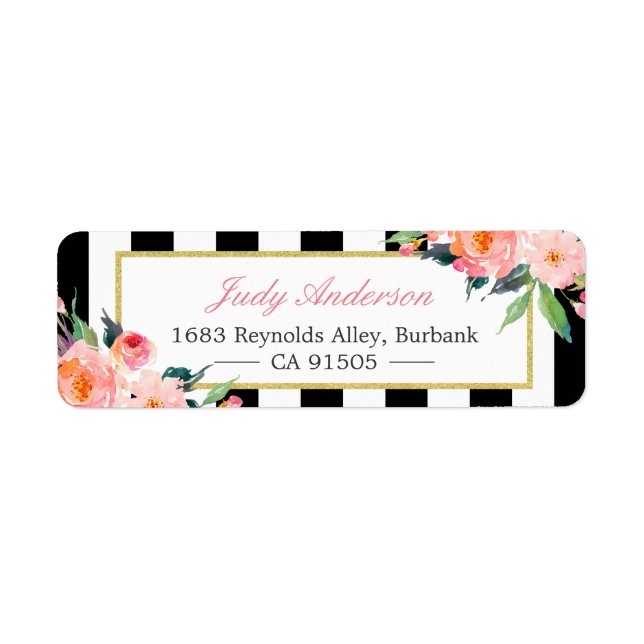 Watercolor Peony Flowers Black White Stripes (Front)