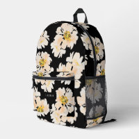 Watercolor peony flowers on black floral pattern