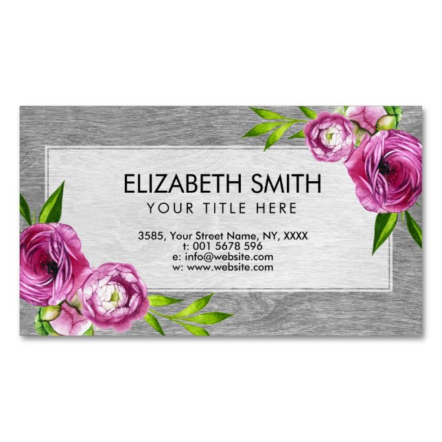 Watercolor Peony Flowers on grey Wood Magnetic Business Card (Front)