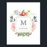 Watercolor Peony Flowers with Gold and Monogram Poster<br><div class="desc">This beautiful poster features watercolor look peonies,  and a faux gold frame in the centre. Your initial and name appear within. We have used art from LABFcreations.</div>