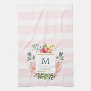 Watercolor Peony Flowers with Monogram and Stripes Kitchen Towel