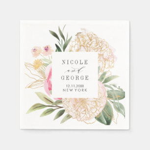 Watercolor peony gold typography monogram wedding napkin