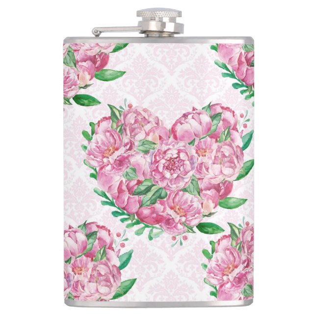 watercolor peony heart hip flask (Front)