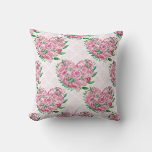 watercolor peony heart throw pillow