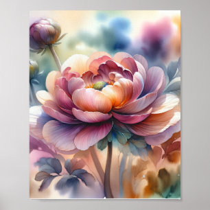 Watercolor Peony in Full Bloom Poster