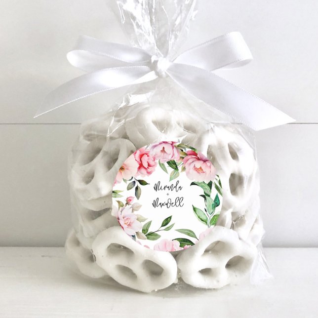 Watercolor Peony Magnolia Pink Wedding  Classic Round Sticker (Creator Uploaded)