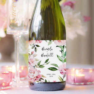 Watercolor Peony Magnolia Pink Wedding  Sparkling Wine Label
