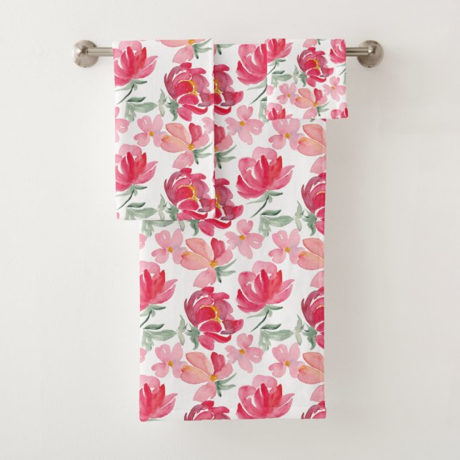 Watercolor Peony Pattern Bath Towel Set (Insitu)