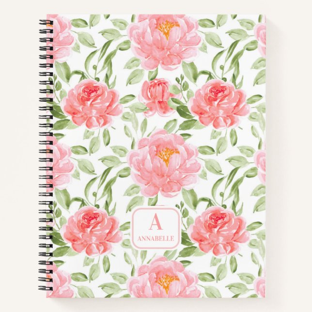 Watercolor Peony Pattern Floral Monogram Notebook (Front)