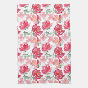 Watercolor Peony Pattern Kitchen Towel