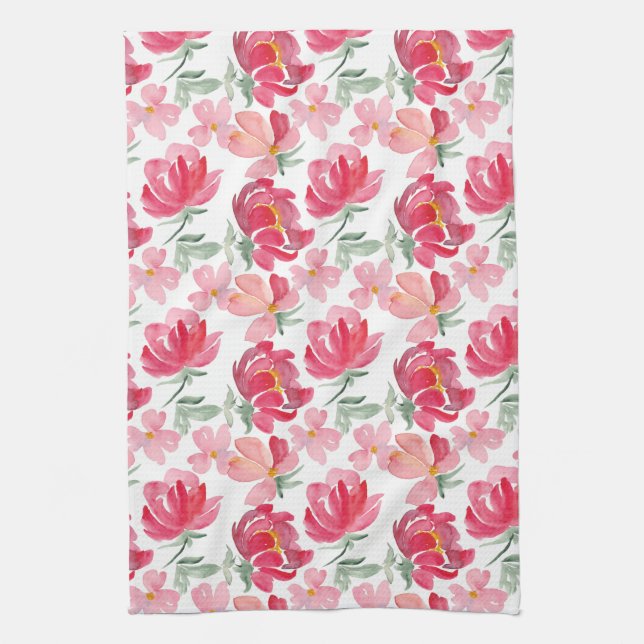 Watercolor Peony Pattern Kitchen Towel (Vertical)