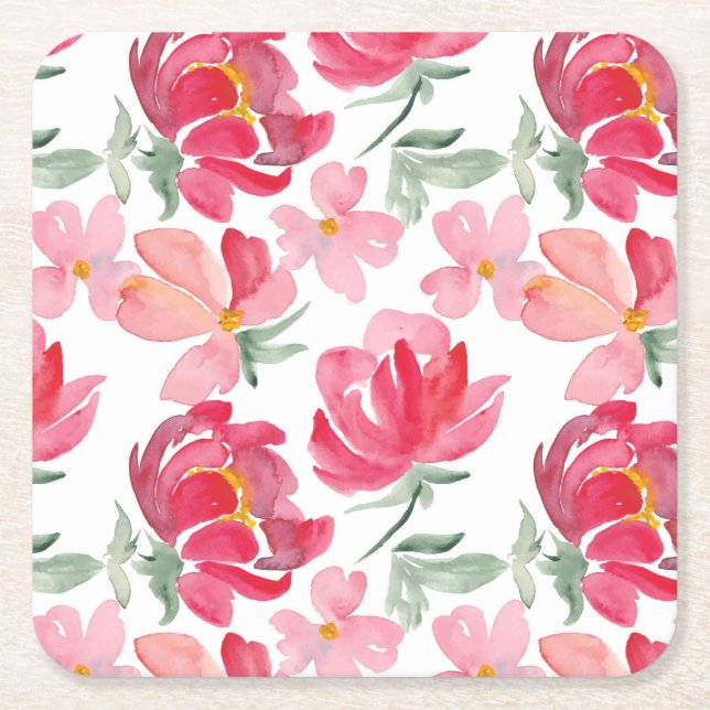 Watercolor Peony Pattern Square Paper Coaster (Front)