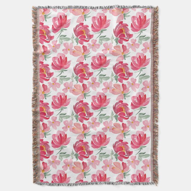 Watercolor Peony Pattern Throw Blanket (Front Vertical)