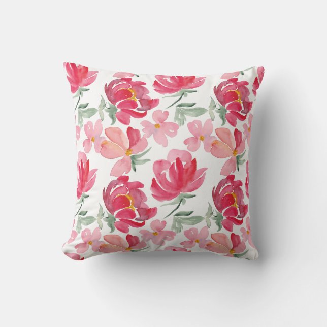 Watercolor Peony Pattern Throw Pillow (Front)