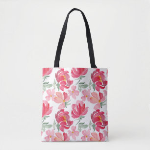 Watercolor Peony Pattern Tote Bag
