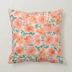 Watercolor Peony Peach Pink Green Throw Pillow
