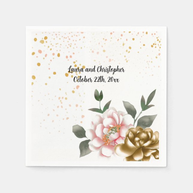 Watercolor Peony Pink and Bronze Paper Napkins (Front)
