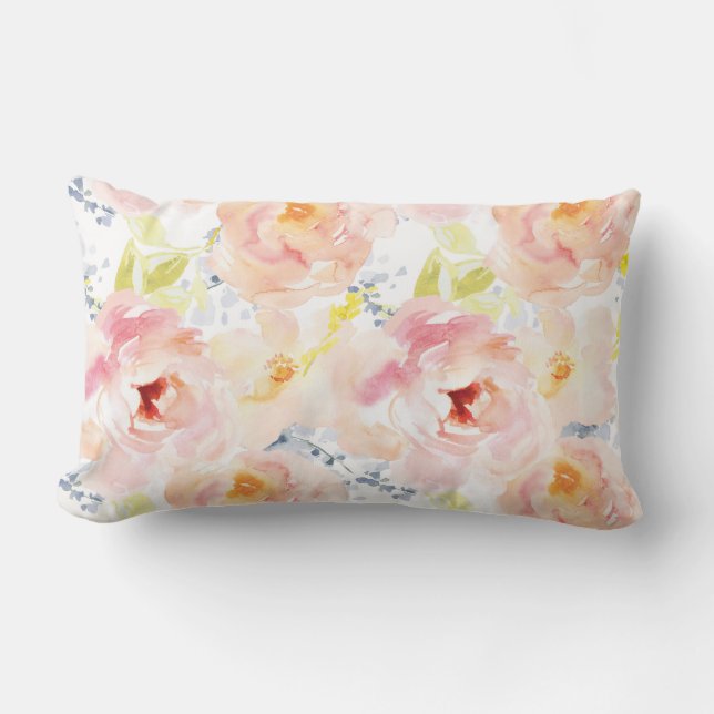 Watercolor Peony Pink Watercolor Flower Lumbar Pillow (Front)