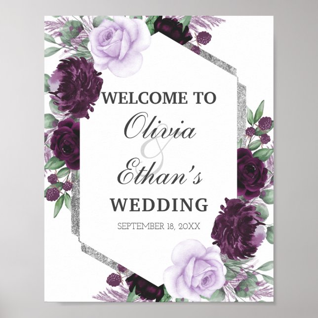 Watercolor Peony Purple Gray Silver Fall Wedding Poster (Front)