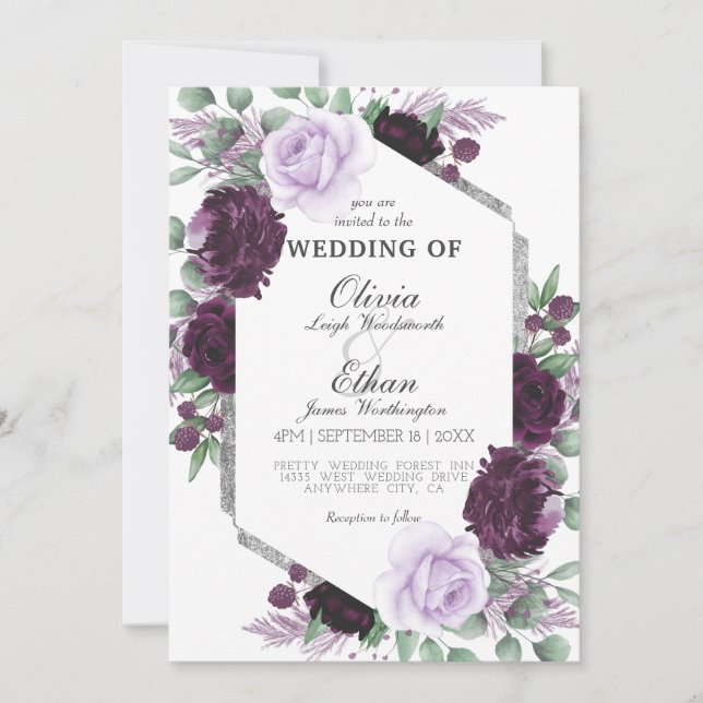 Watercolor Peony Purple Grey Silver Fall Wedding Invitation (Front)