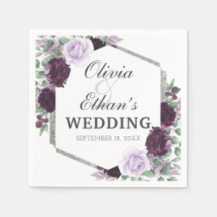 Watercolor Peony Purple Grey Silver Fall Wedding Napkin