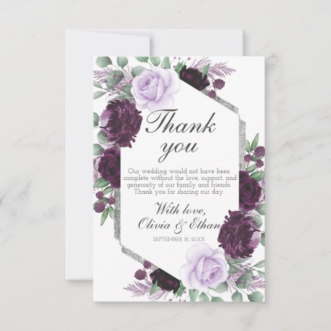 Watercolor Peony Purple Grey Silver Fall Wedding Thank You Card (Front)