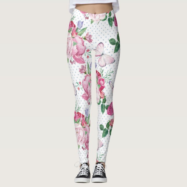 watercolor peony,watercolor butterfly leggings (Front)