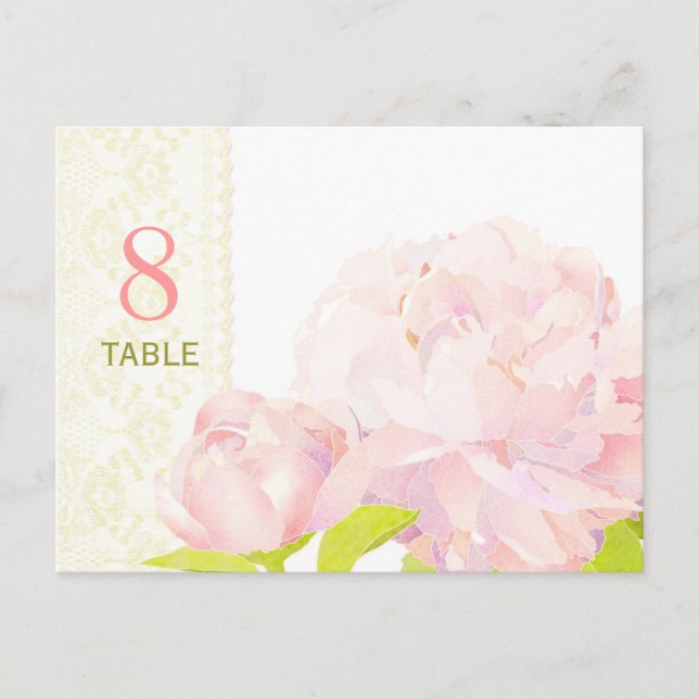 Watercolor Peony Wedding Table Number Card (Front)