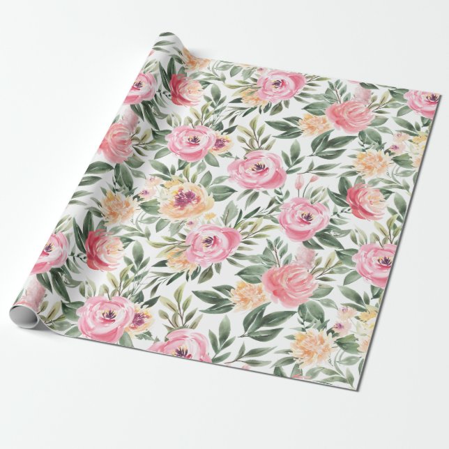 Watercolor Peony Wrapping Paper (Unrolled)
