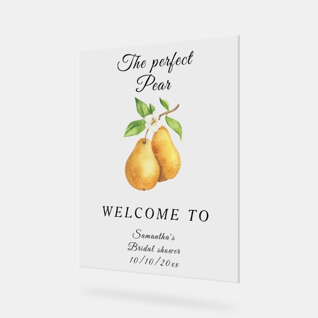 Watercolor Perfect Pear Welcome Bridal Shower Acrylic Sign (Angle)
