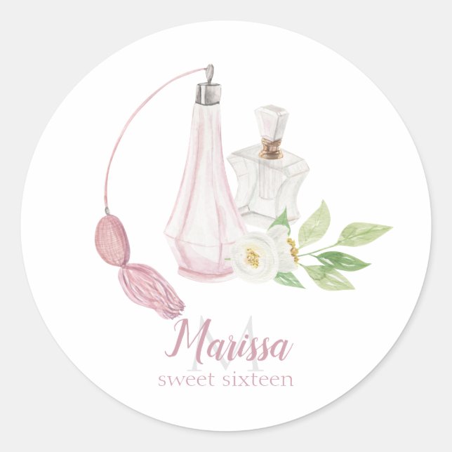 Watercolor Perfume Bottle Quinceanera Birthday Classic Round Sticker (Front)