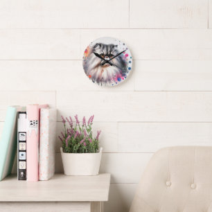 Watercolor Persian Cat Colourful Portrait Round Clock