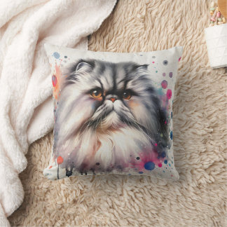 Watercolor Persian Cat Colourful Portrait Throw Pillow