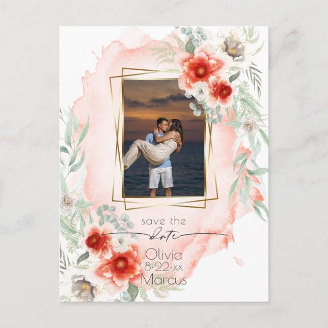 Watercolor Persimmon Floral Photo Save the Date Postcard (Front)