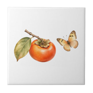 Watercolor Persimmon Fruit and Butterfly  Tile