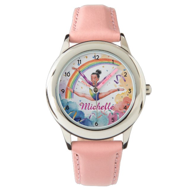 Watercolor Personalized Cute gymnastics girl Pink Watch (Front)