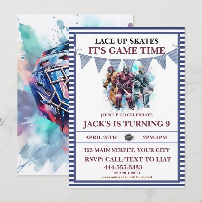 Watercolor Personalized Ice Hockey Birthday Theme  Invitation (Front/Back)