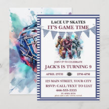 Watercolor Personalized Ice Hockey Birthday Theme 