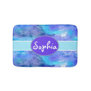 Watercolor Personalized Monogram Name Teal Purple Bath Mat