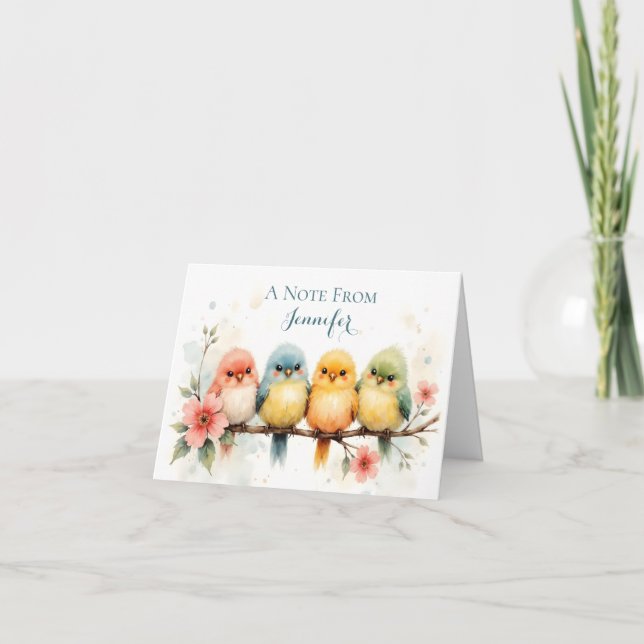 Watercolor Personalized Pastel Birds Blank Note Card (Front)