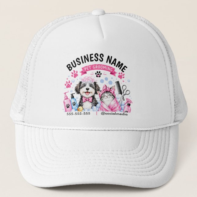 Watercolor Personalized Pet Grooming Trucker Hat (Front)