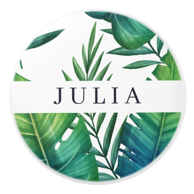 Watercolor Personalized Tropical Leaves Ceramic Knob (Front)