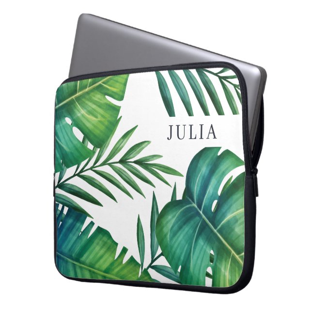 Watercolor Personalized Tropical Leaves Laptop Sleeve (Front Left)