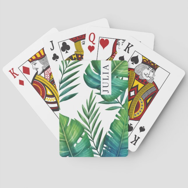 Watercolor Personalized Tropical Leaves Playing Cards (Back)